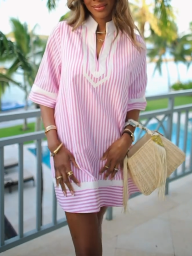 Pink V-Neck Striped Printed Midi Dress