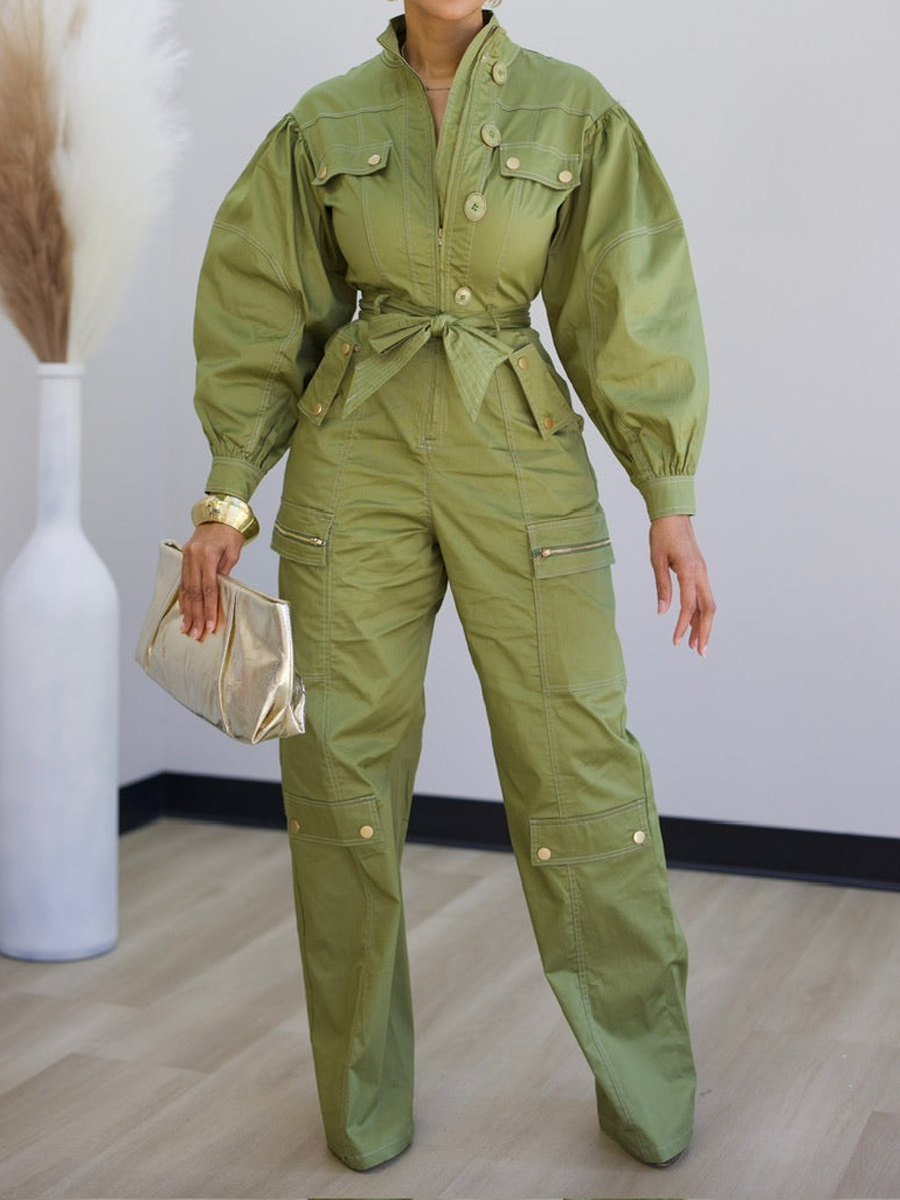 Fashion Pockets Zip Up Belted Jumpsuit