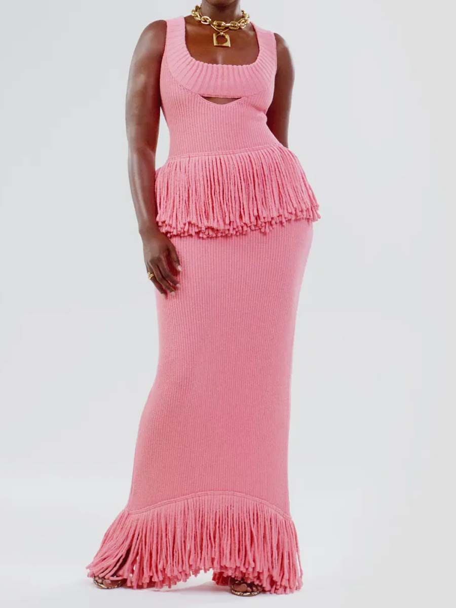 Knitted Fringed Cutout Two Pieces Dress
