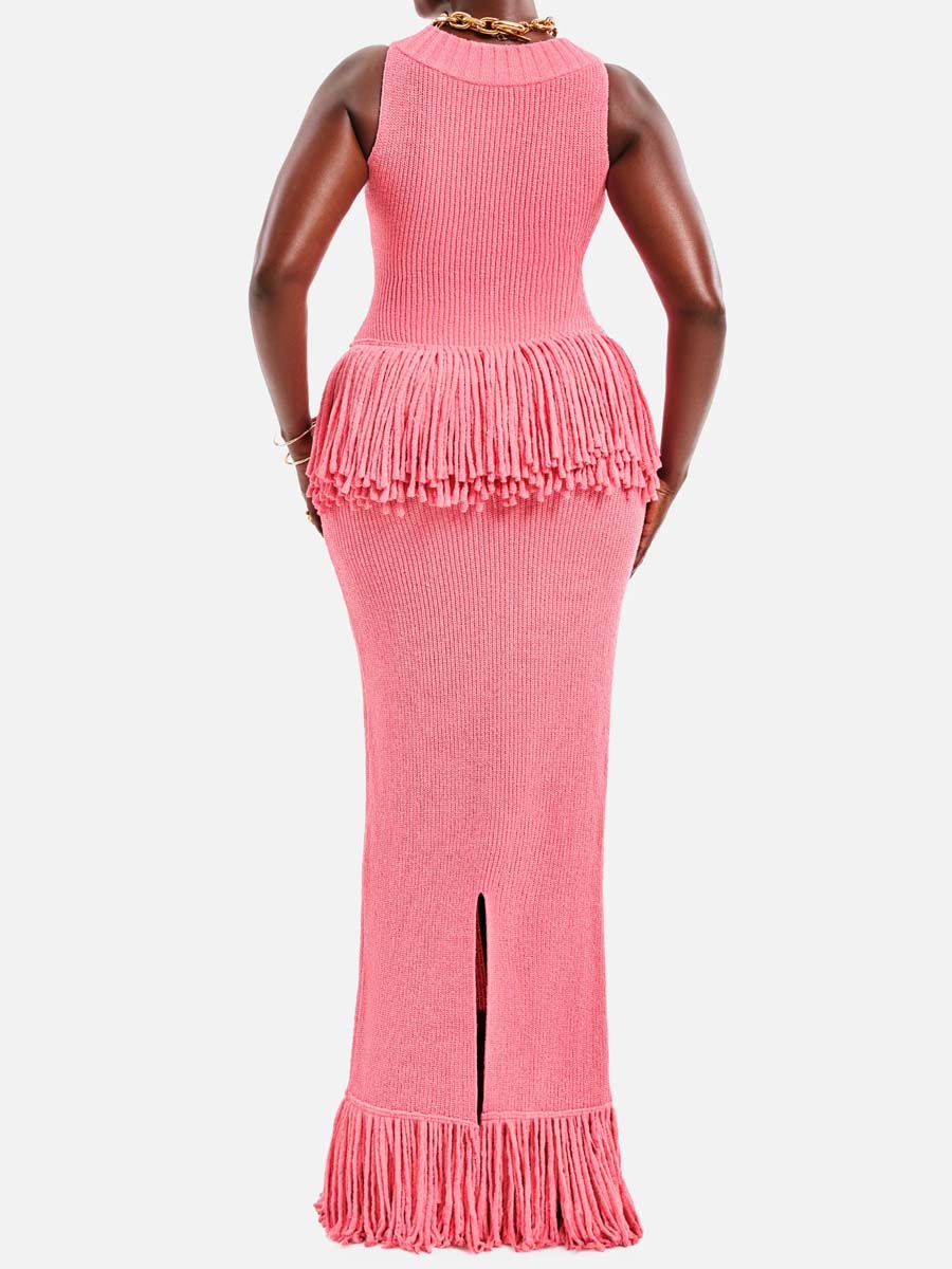 Knitted Fringed Cutout Two Pieces Dress