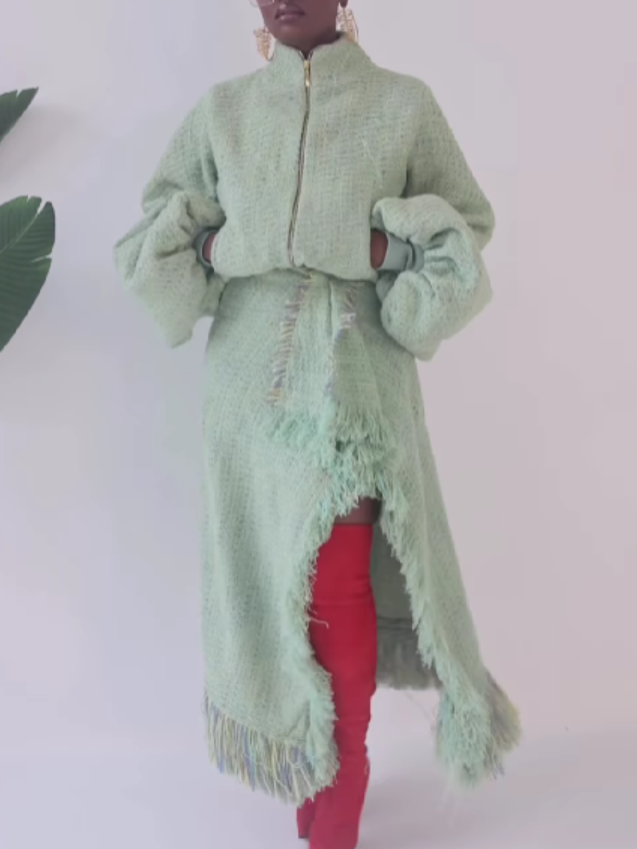 Tweed Fringed Wrap Dress Set