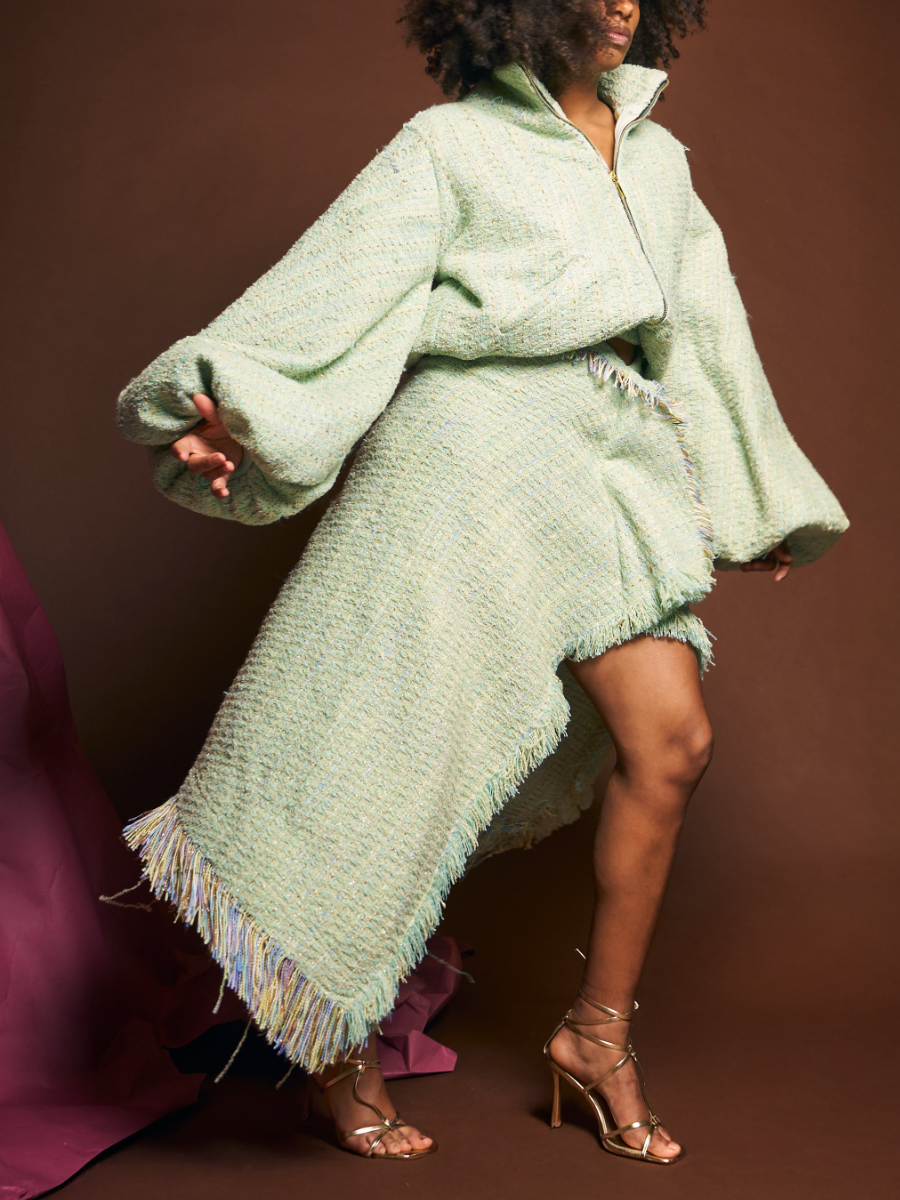 Tweed Fringed Wrap Dress Set