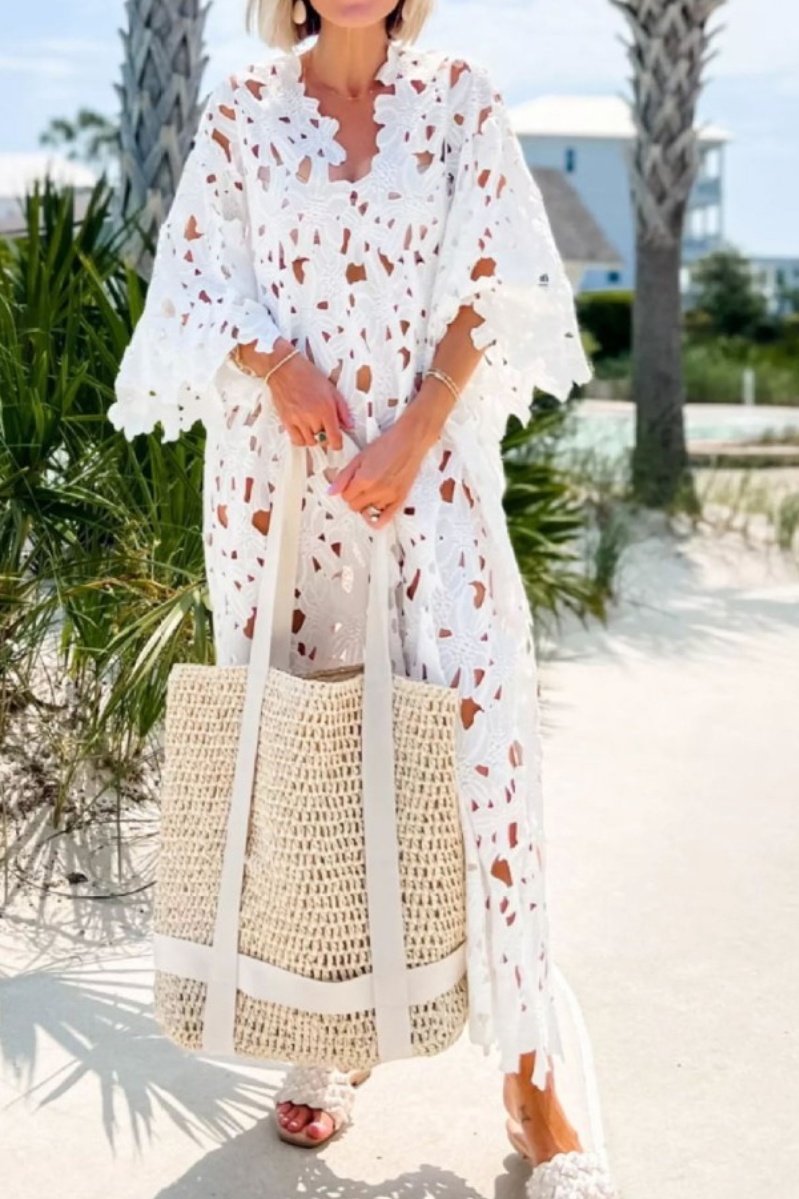 V Neck Hollow Out Eyelet Lace Beach Cover Up Dress