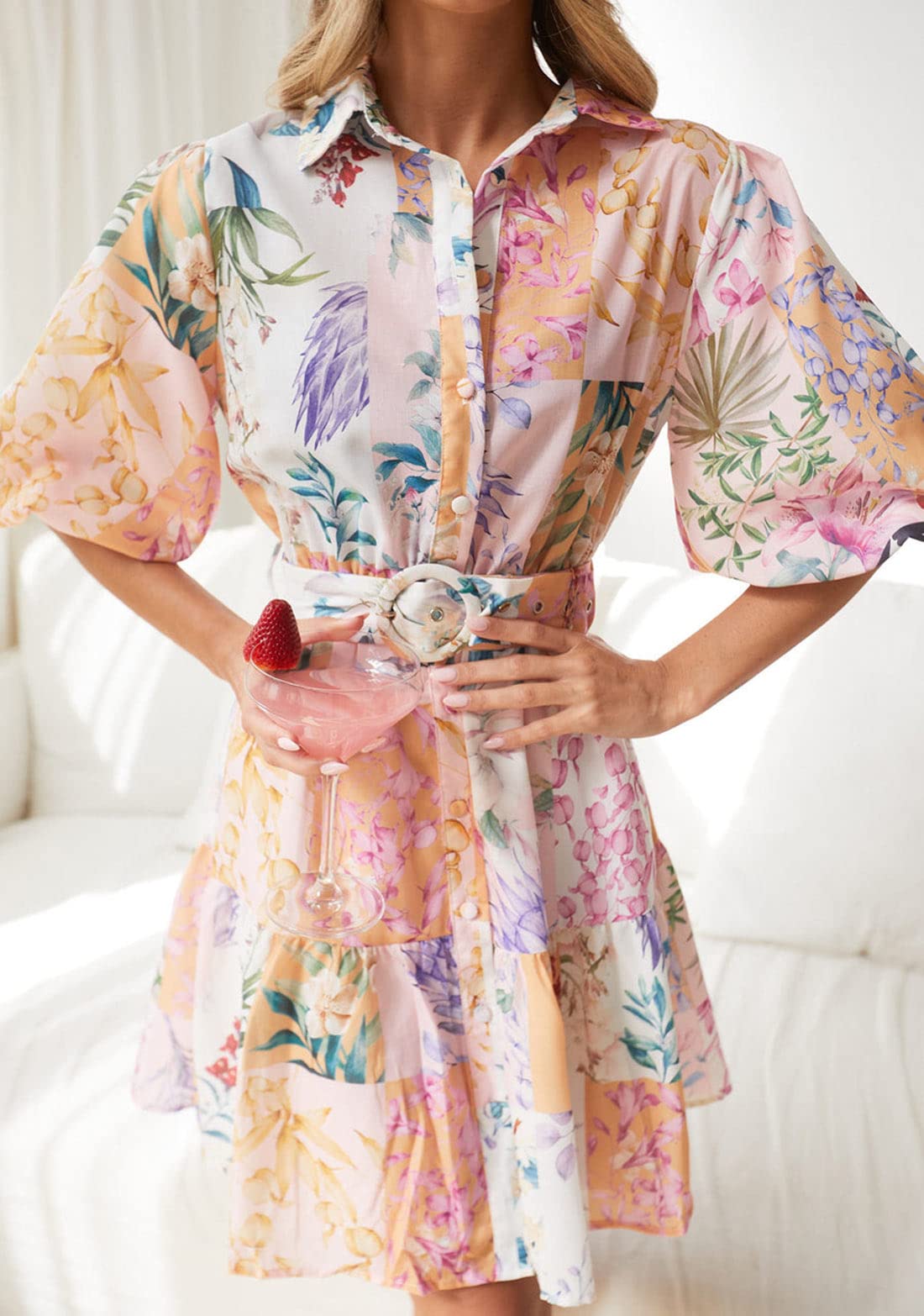 Floral Printed Boho Style Lantern Short Sleeve With Belt Summer Dress