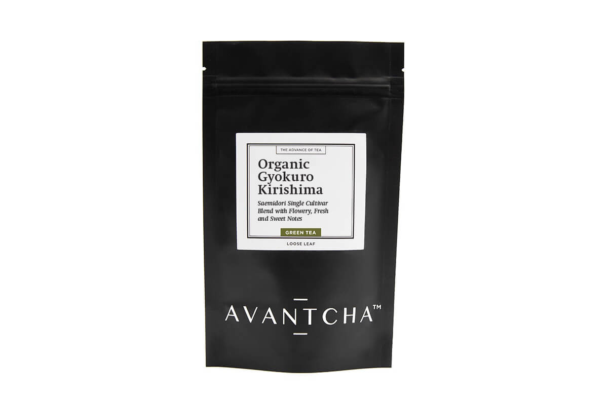 An airtight pouch filled with Japanese Gyokuro Organic tea from Kirishima