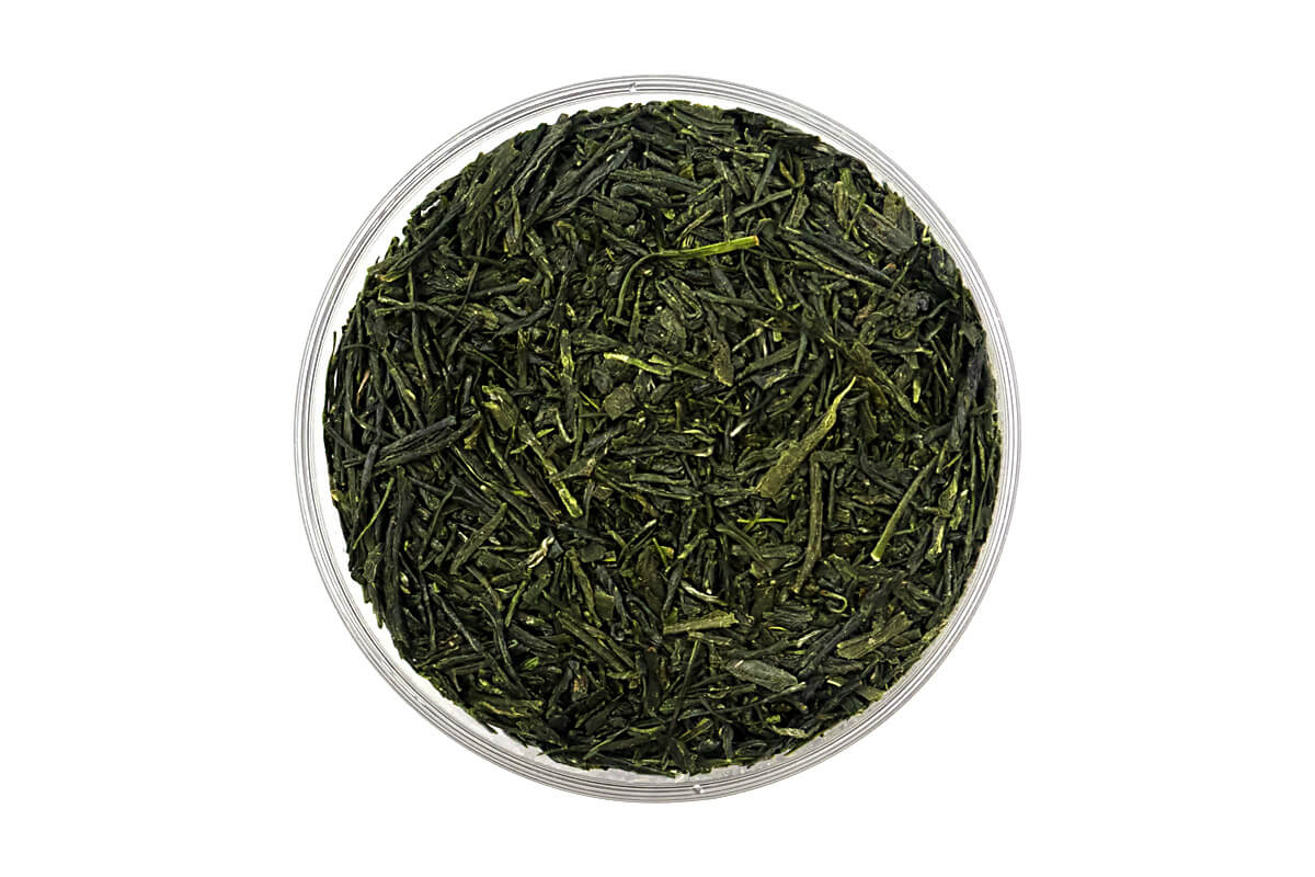 Sencha Uji Hikari tea leaves, showcasing fine needle shape and low stem content