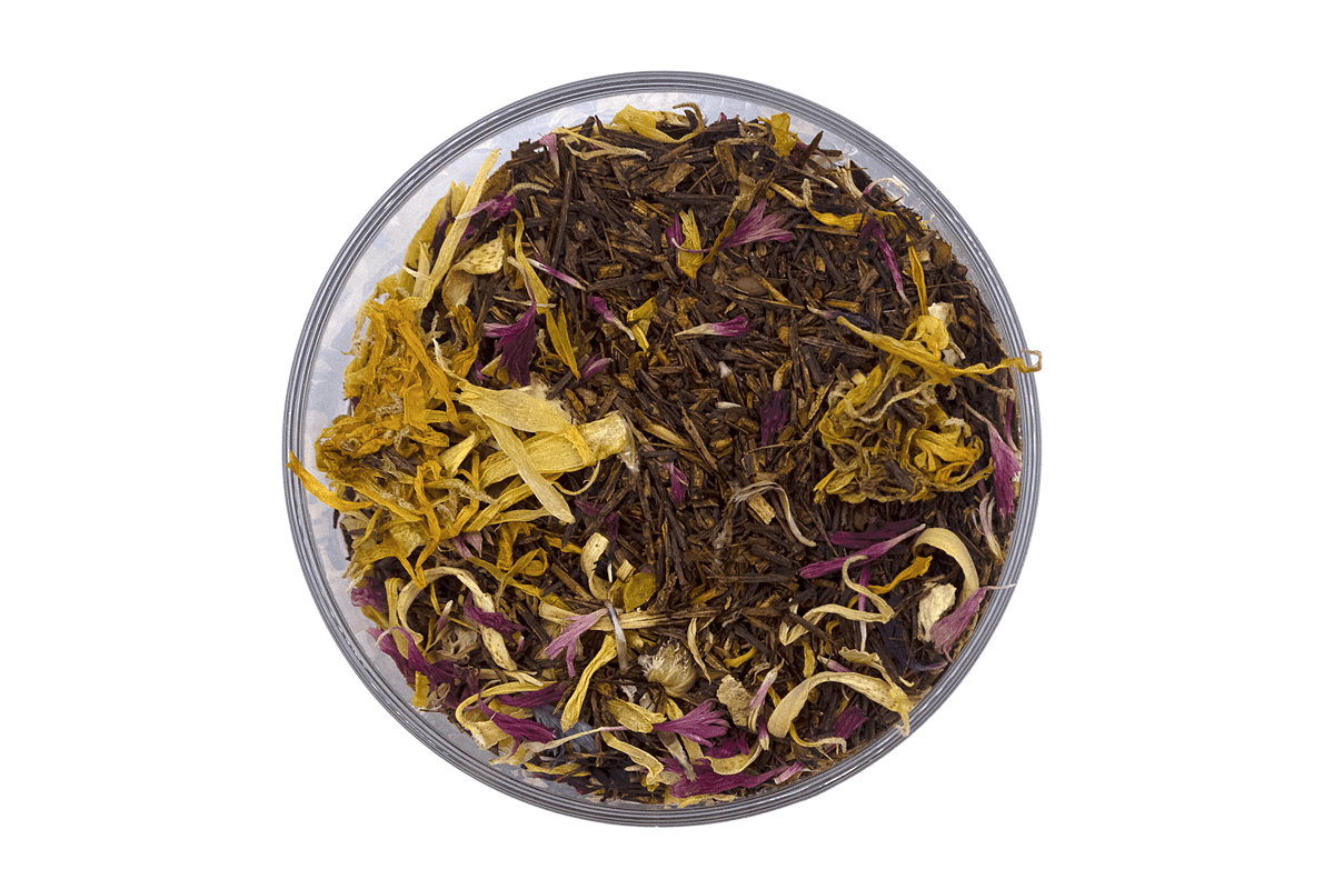 Loose leaf Rooibos Orange Blossom tea with marigold petals and orange fragrance blend