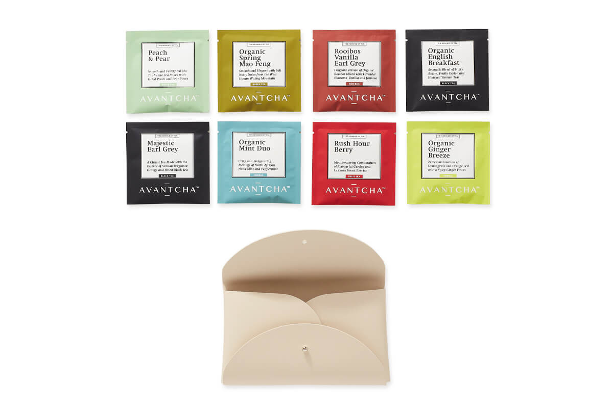 Set of 8 premium silk teabag envelopes from the Travel Tea Pouch, showcasing variety and quality for tea lovers