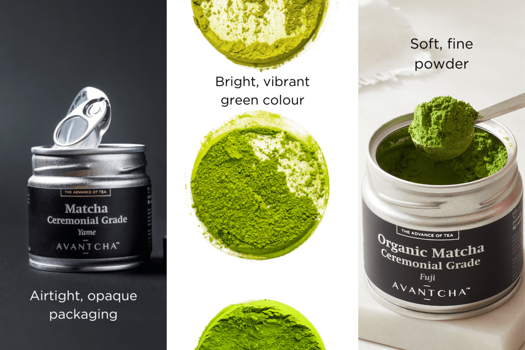 Key rules when choosing matcha like airtight packaging, bright green colour and soft, fine powder