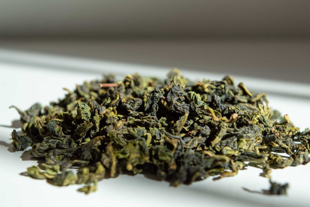close up of loose leaf oolong tea
