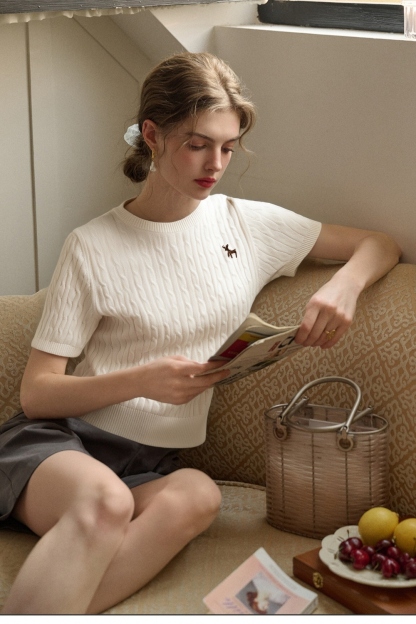 Straight Shoulders Round Neck Embroidered Sweater