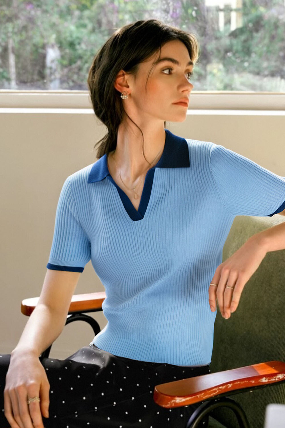 Contrast Color Polo Collar Pullover Sweater