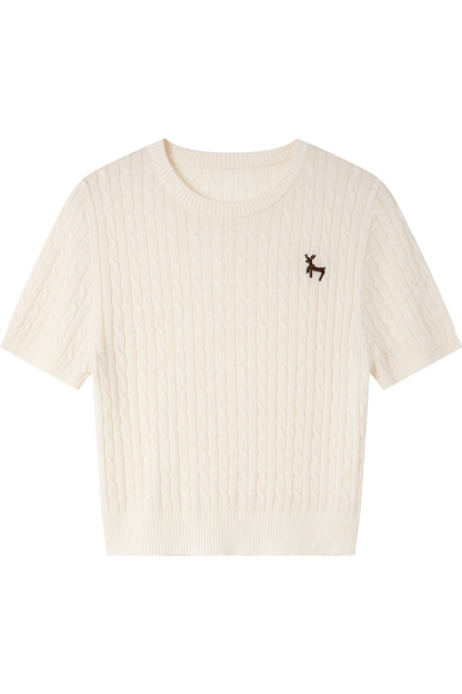 Straight Shoulders Round Neck Embroidered Sweater