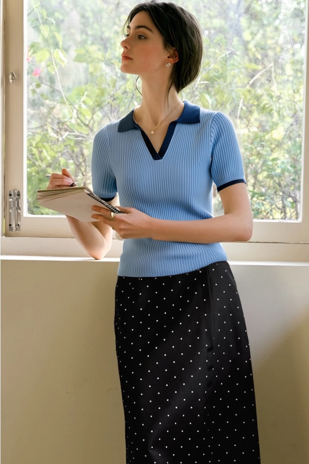 Contrast Color Polo Collar Pullover Sweater