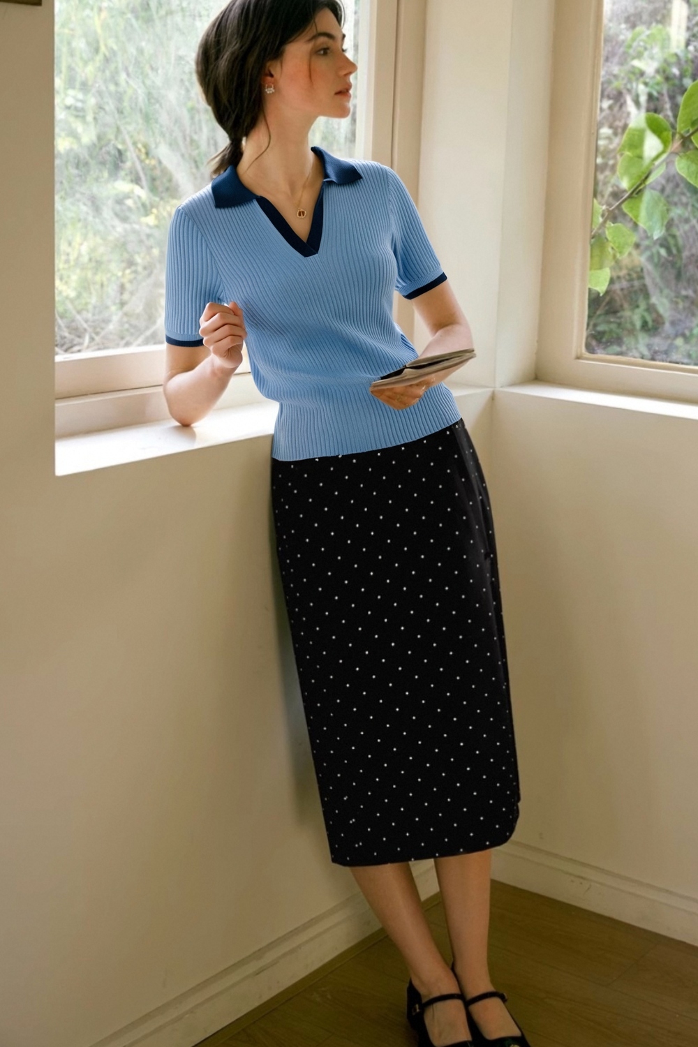 Contrast Color Polo Collar Pullover Sweater