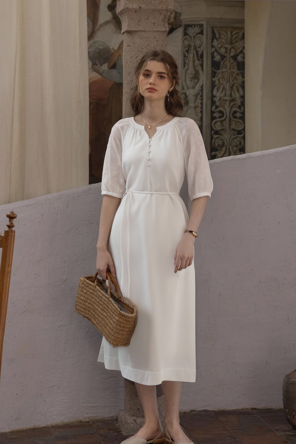 Cotton Lace-Up Straight Dress