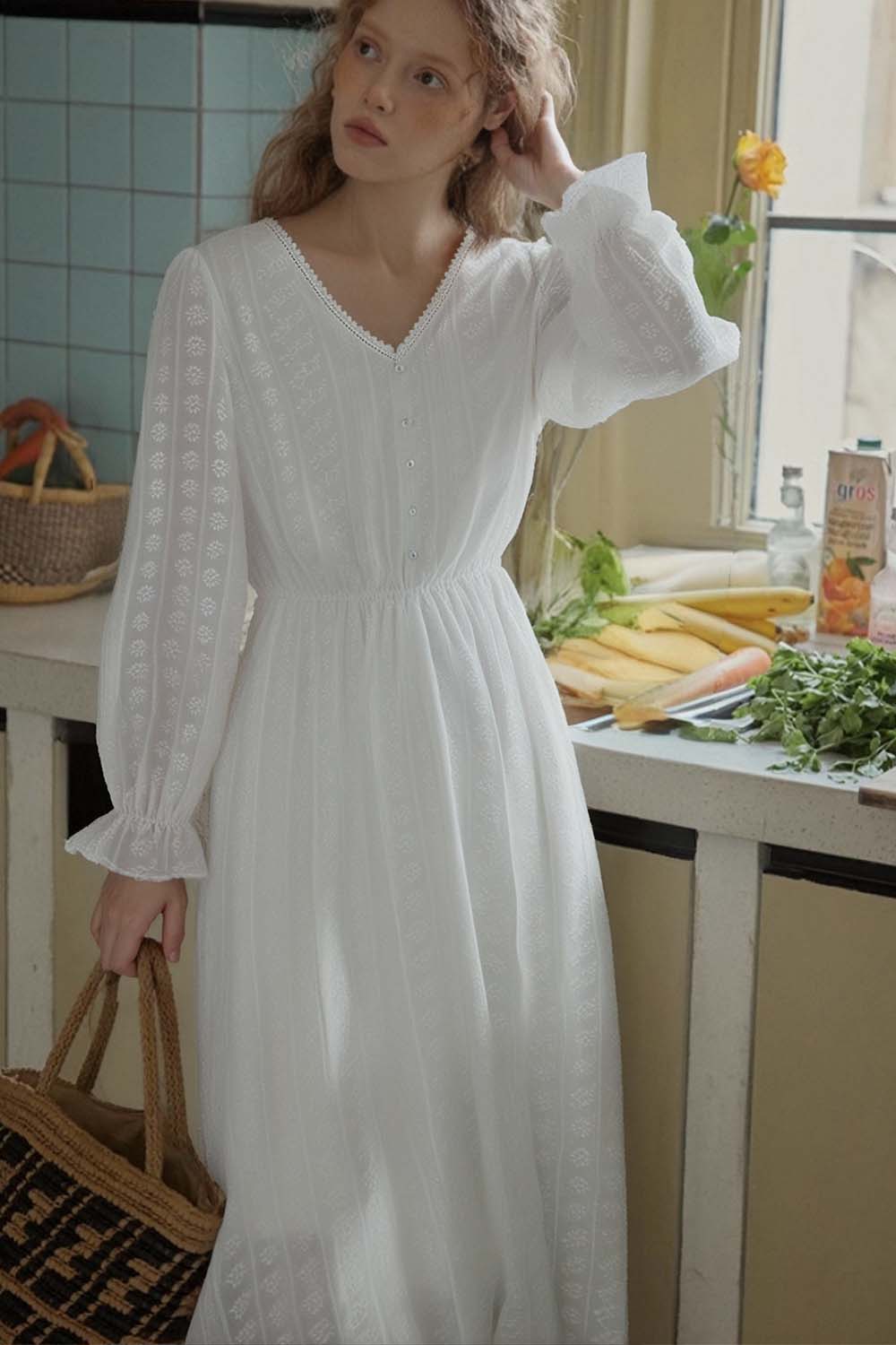 French Cotton Embroidered V-Neck Dress