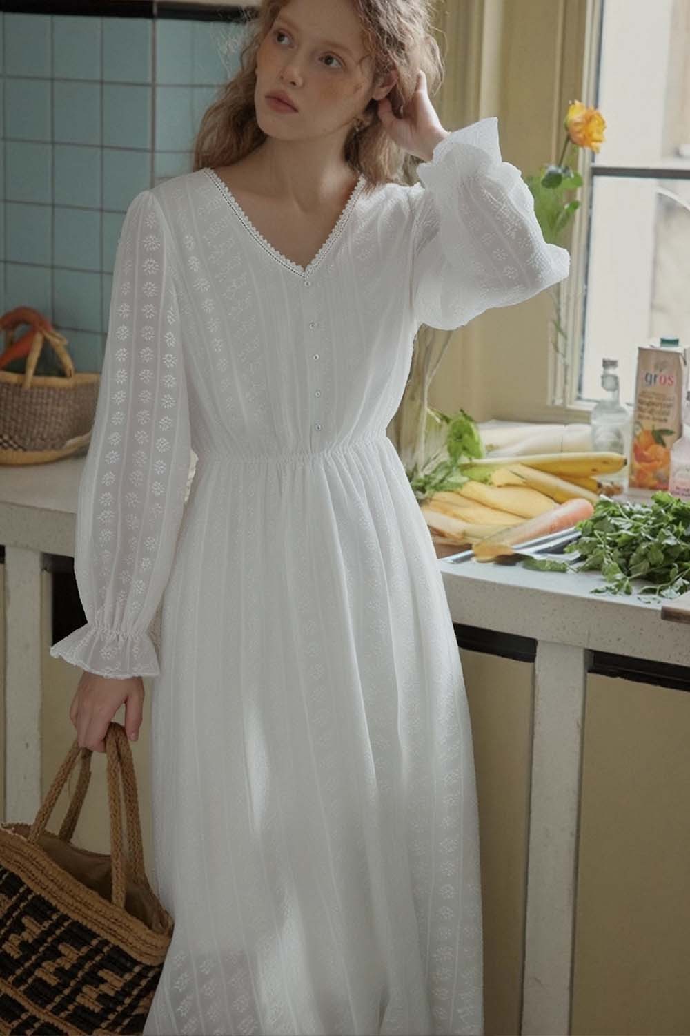 French Cotton Embroidered V-Neck Dress