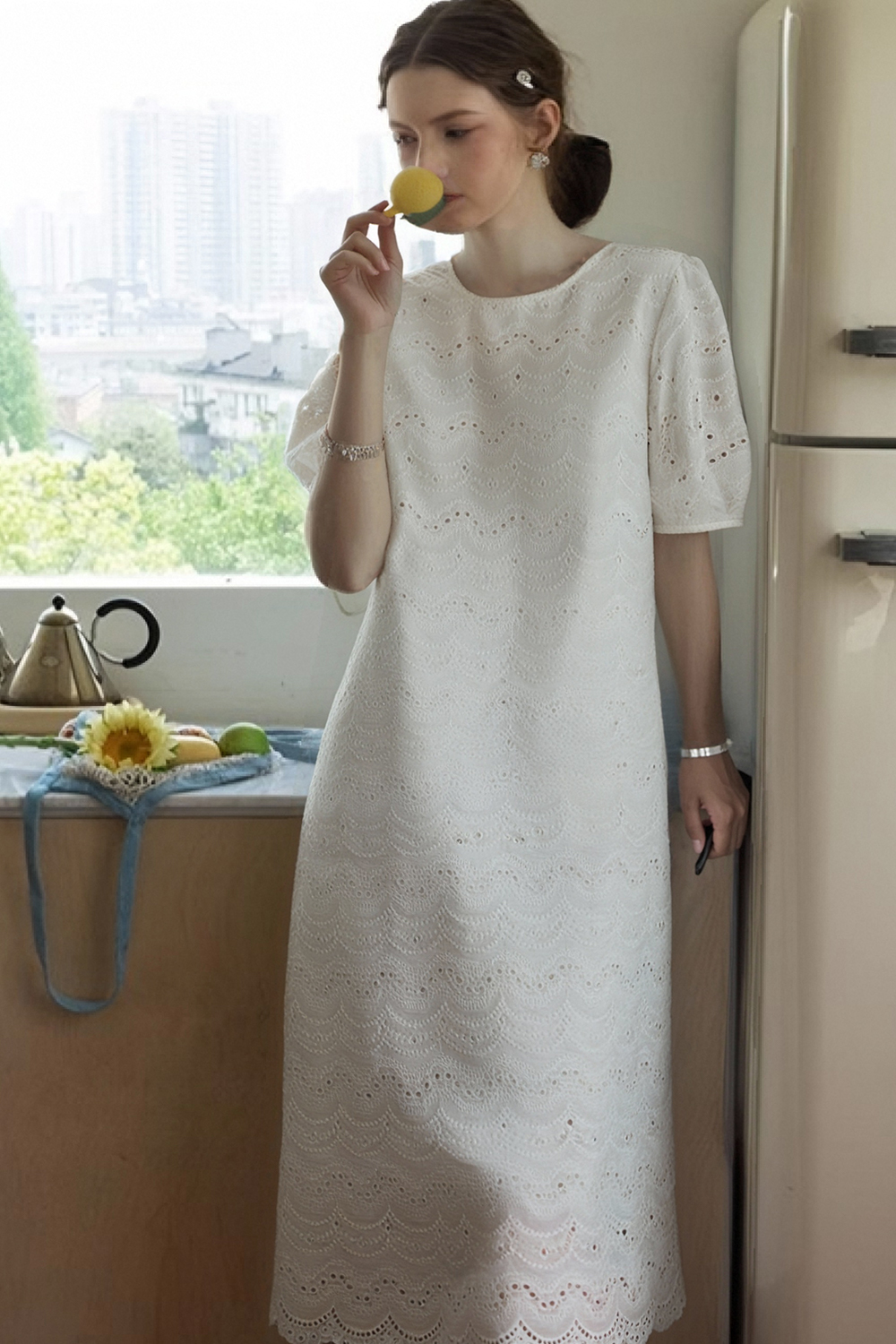 Wave Embroidered Hollow Dress