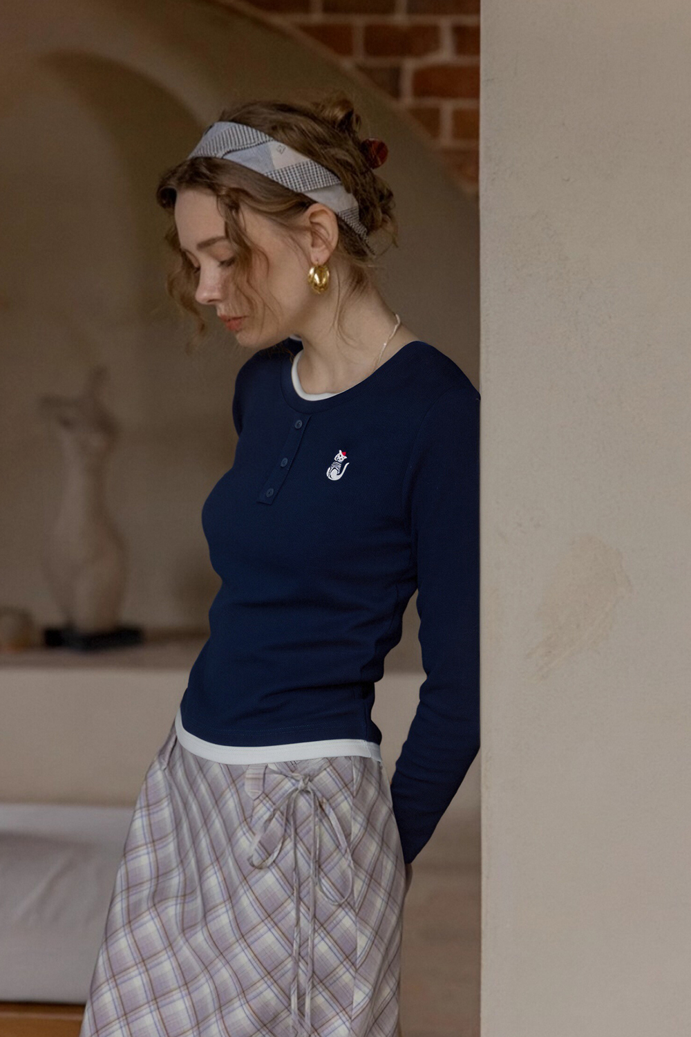 Cat Embroidered Fake Two-Piece T-Shirt