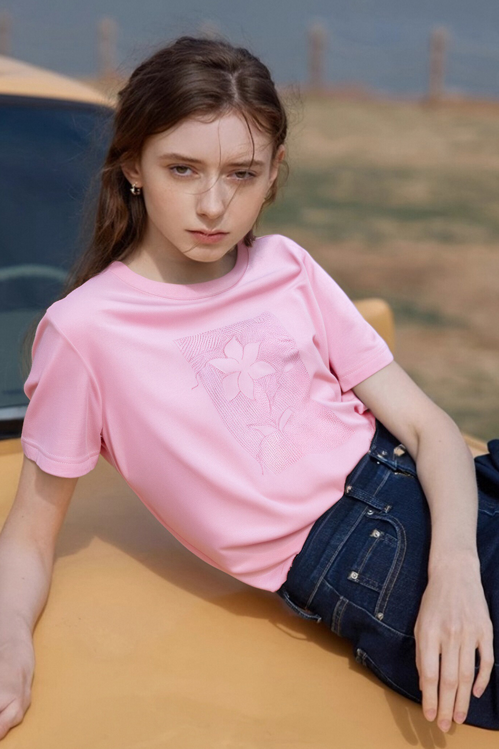 100% Cotton Flower Embroidered T-Shirt