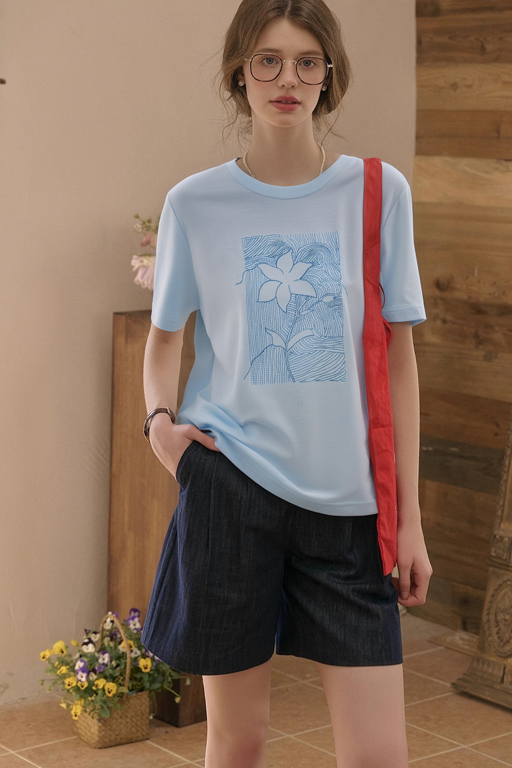 100% Cotton Flower Embroidered T-Shirt