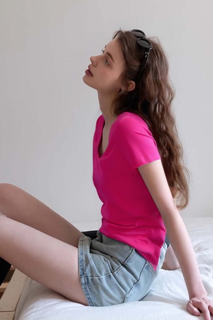 Pure Color V-Neck Casual T-Shirt