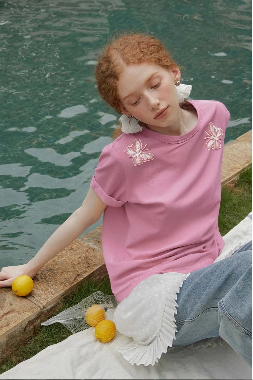 Lace Butterfly Solid Color T-Shirt