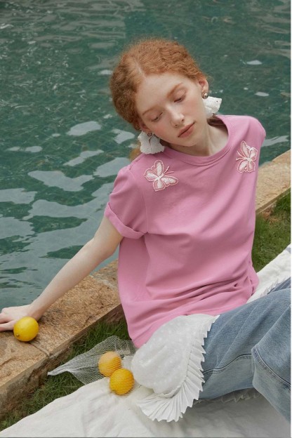 Lace Butterfly Solid Color T-Shirt