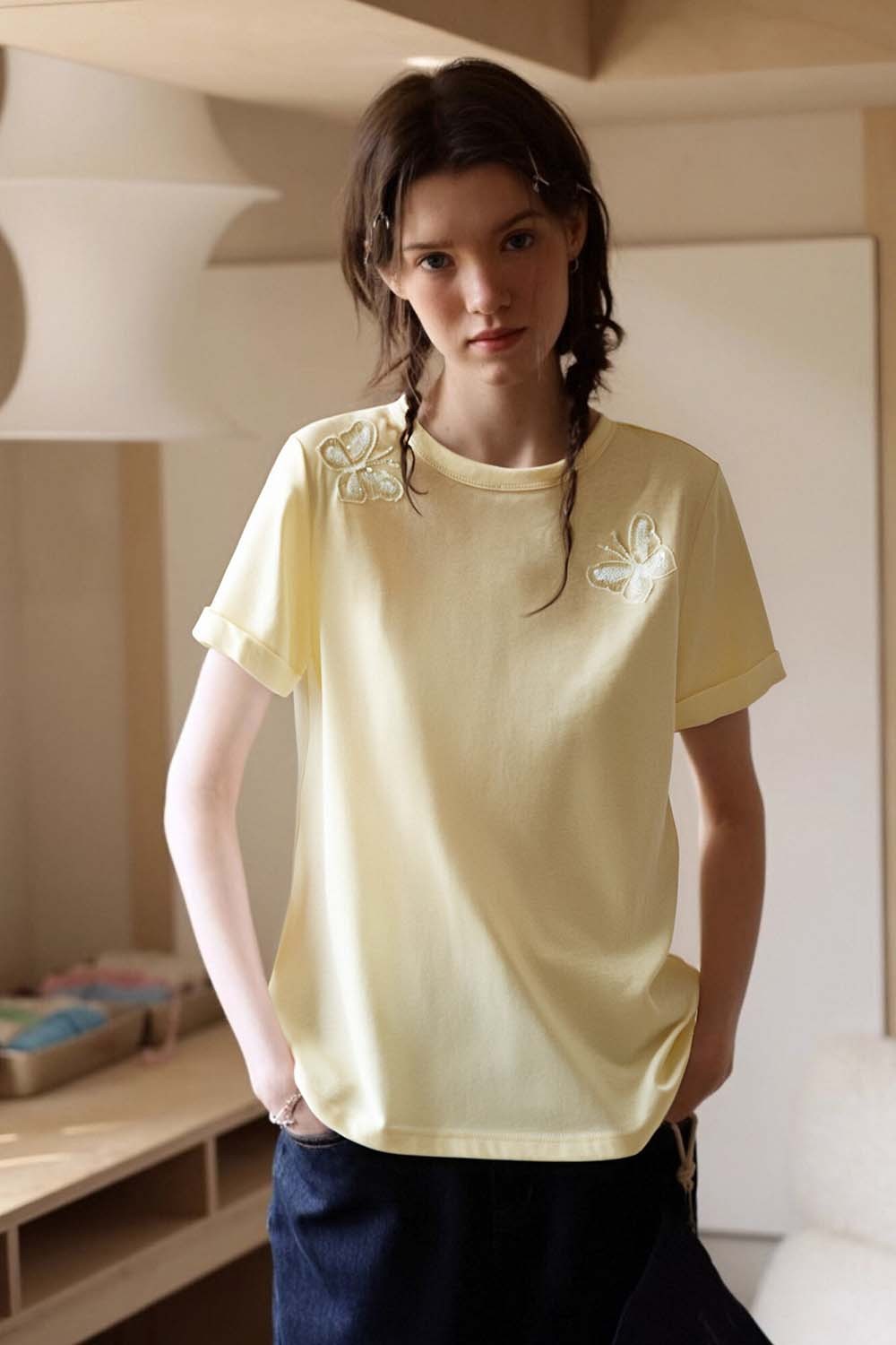 Lace Butterfly Solid Color T-Shirt