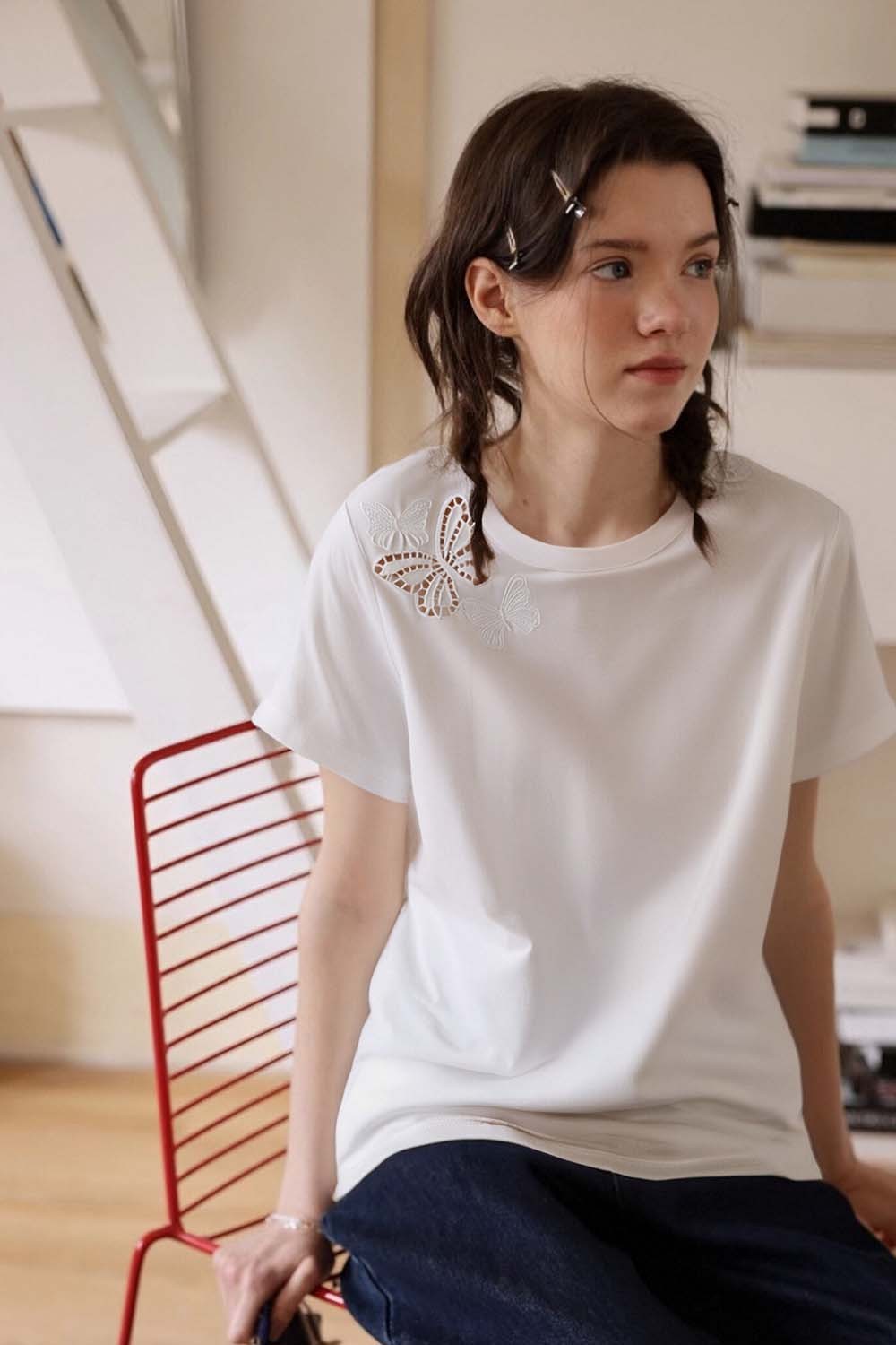 100% Cotton Butterfly Hollow T-Shirt
