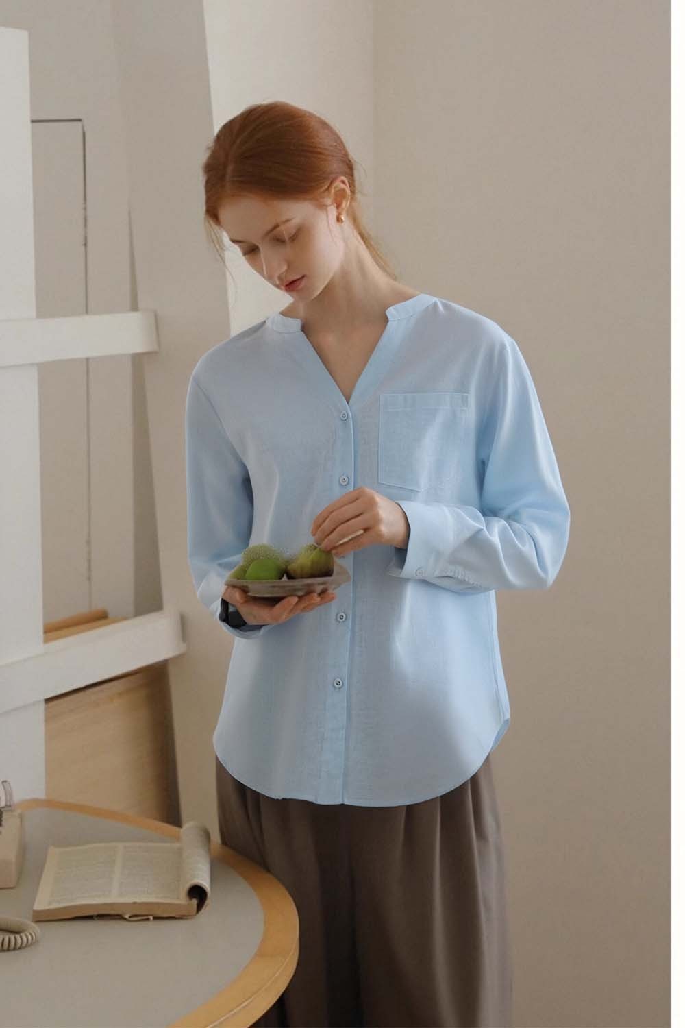 Ramie Blended Stand-Up Collar Patch Pocket Shirt