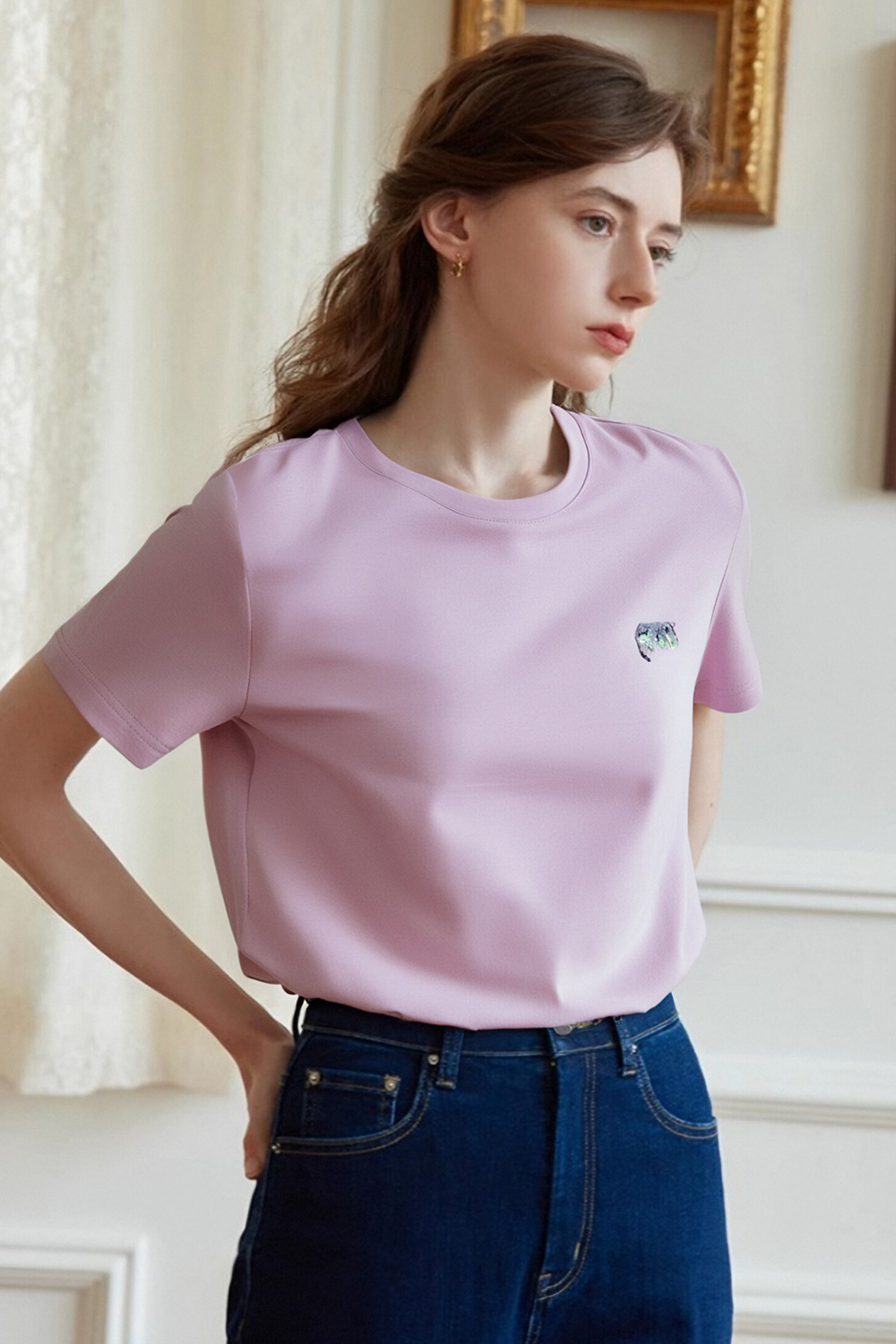 Kitten Sequin Embroidered Straight T-Shirt