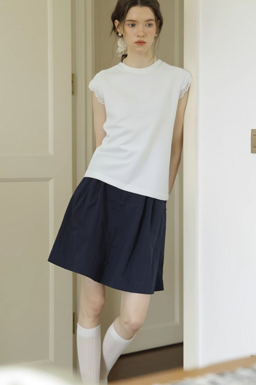 Lace Decoration Solid Color T-Shirt