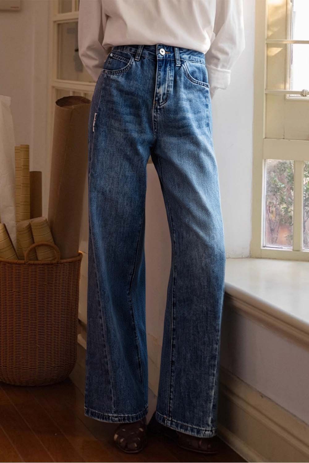Dividing Line Decoration Denim Wide-Leg Pants
