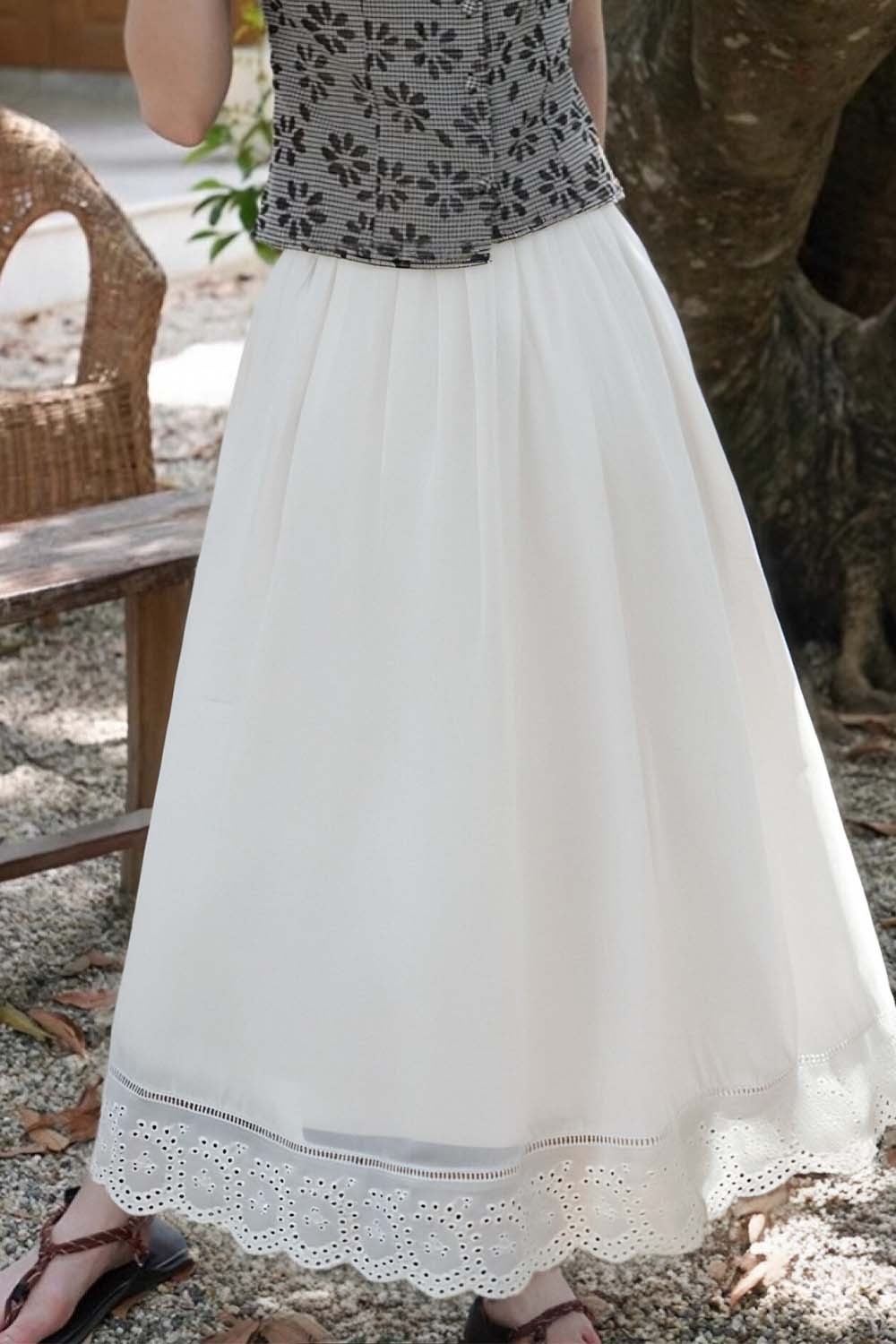 Lace-Edged White Long Skirt