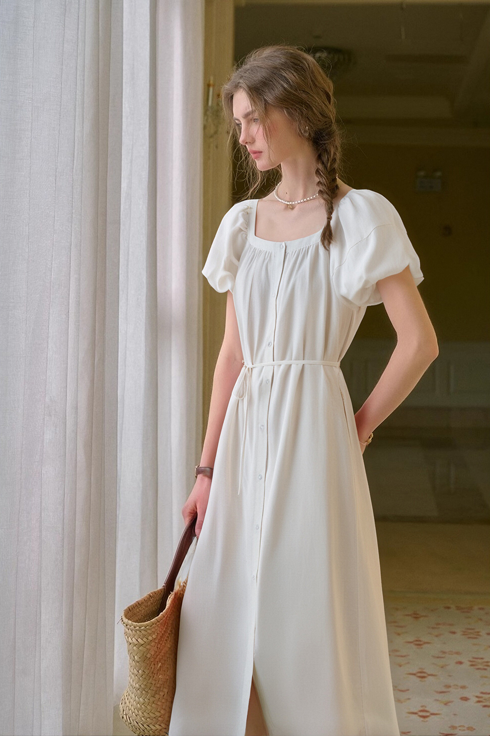 Cotton And Linen Blended Square Neck Dress