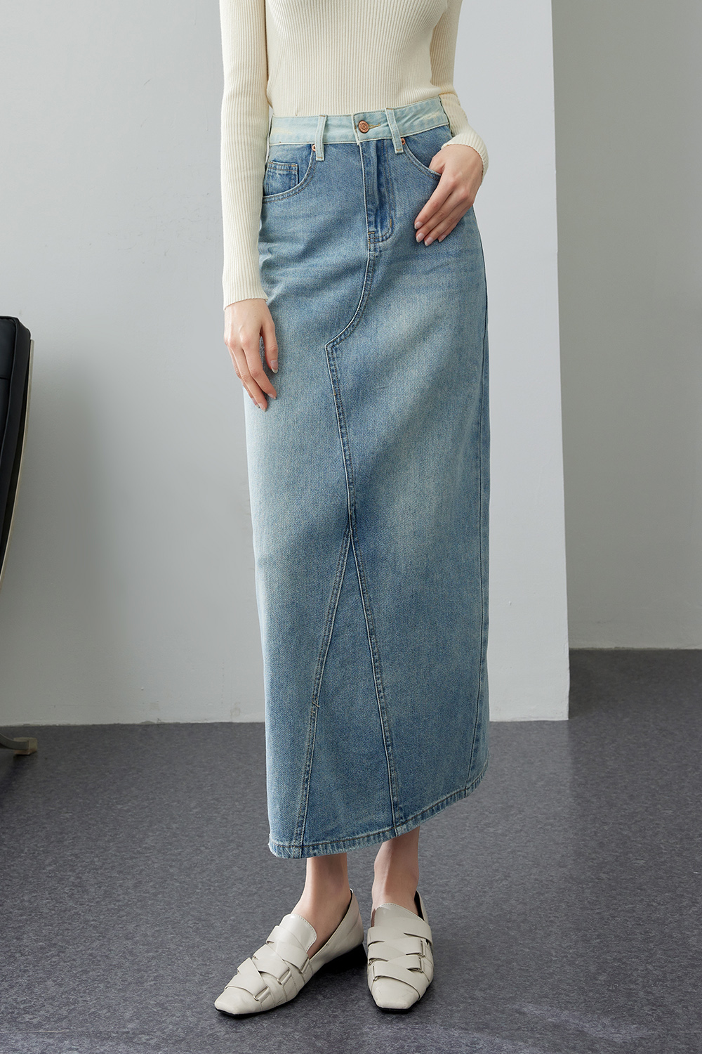 Distressed A-line denim skirt