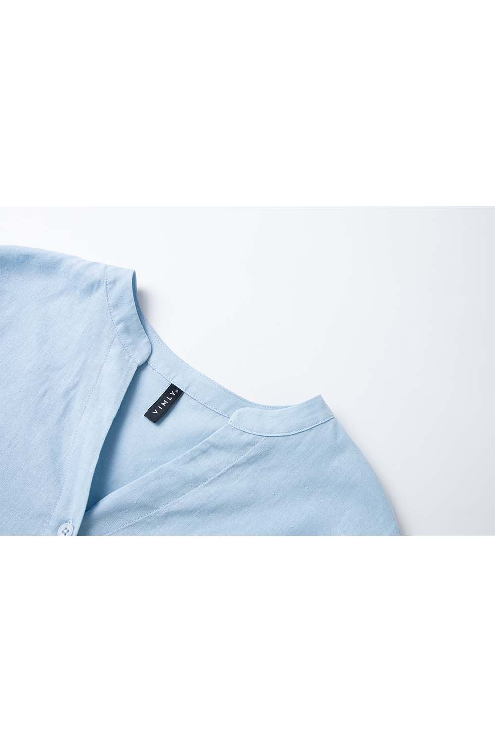 Ramie Blended Stand-Up Collar Patch Pocket Shirt