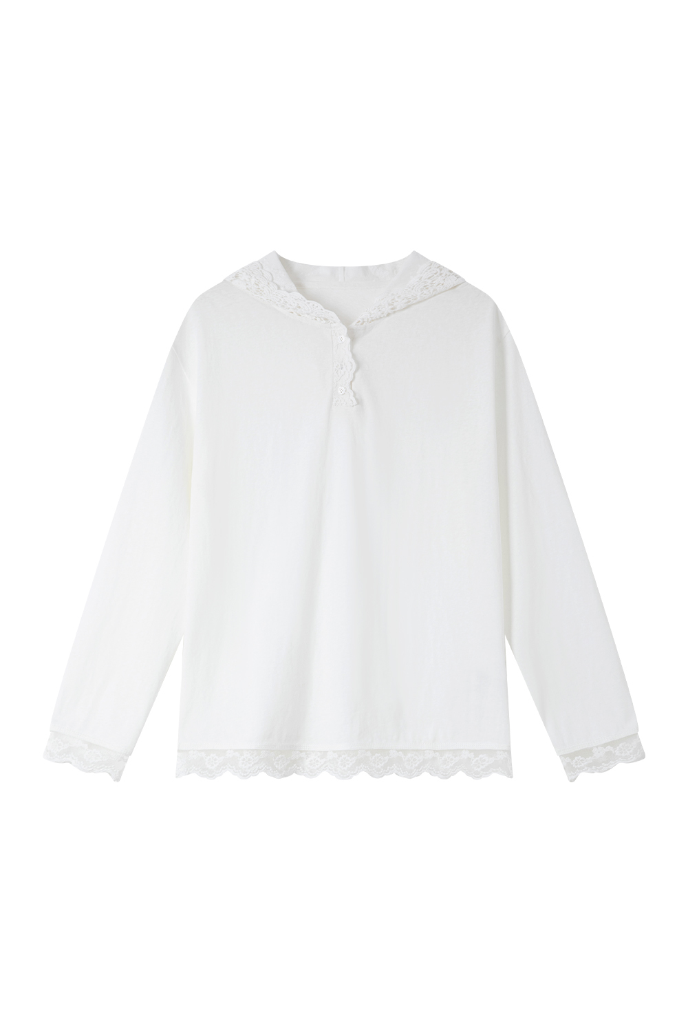 Lace-Decorated Hooded T-Shirt