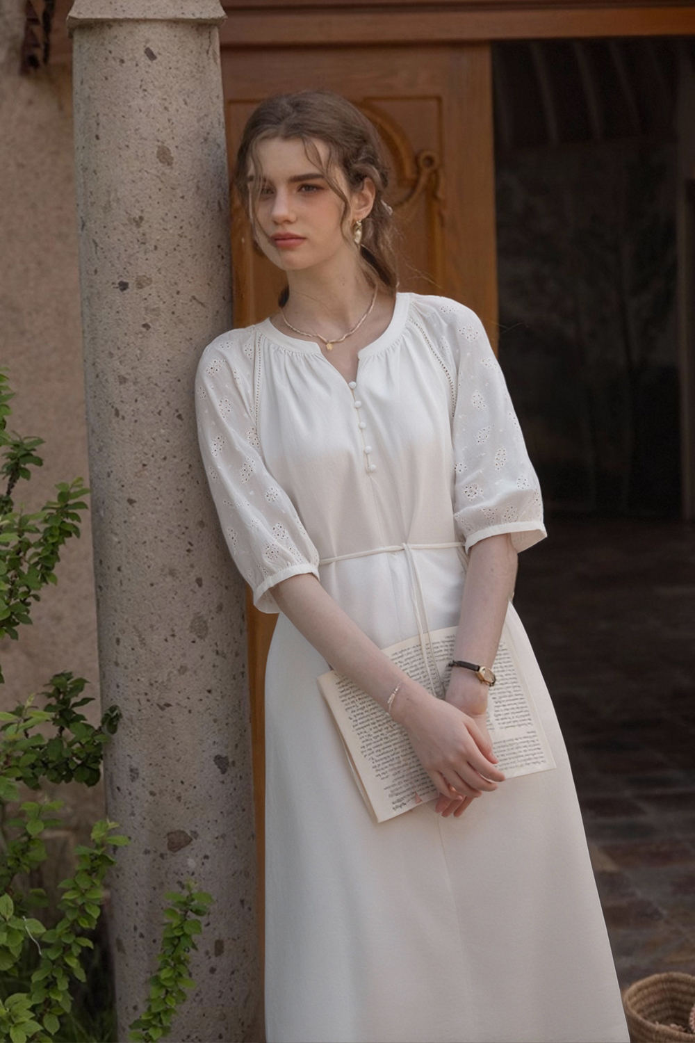 Cotton Lace-Up Straight Dress