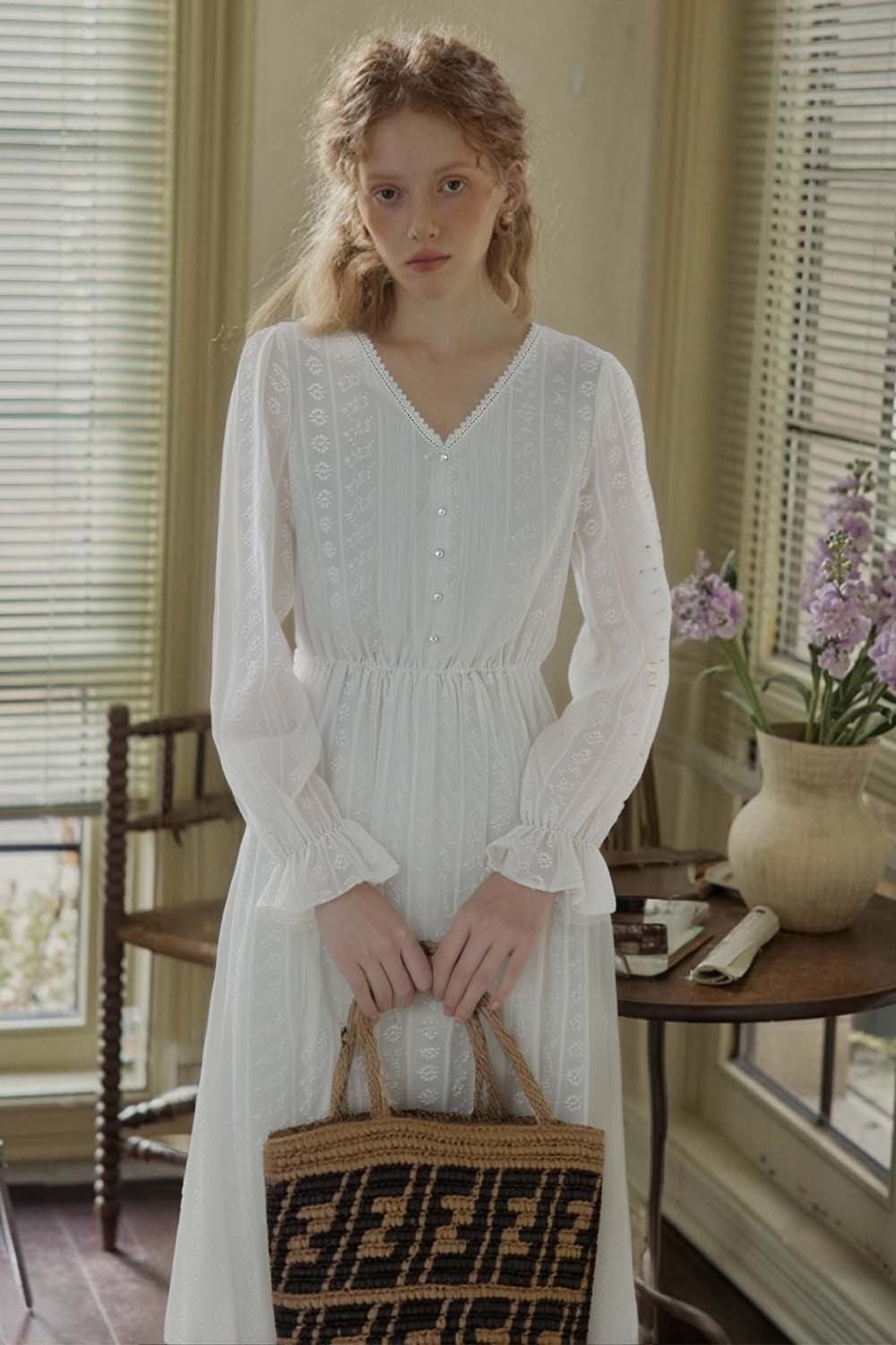 French Cotton Embroidered V-Neck Dress