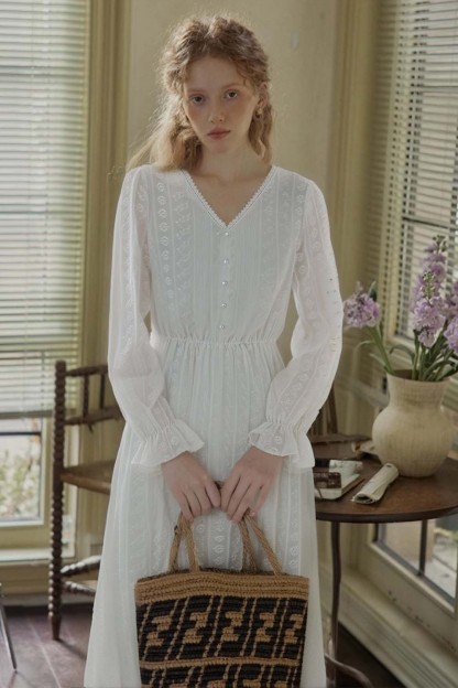 French Cotton Embroidered V-Neck Dress