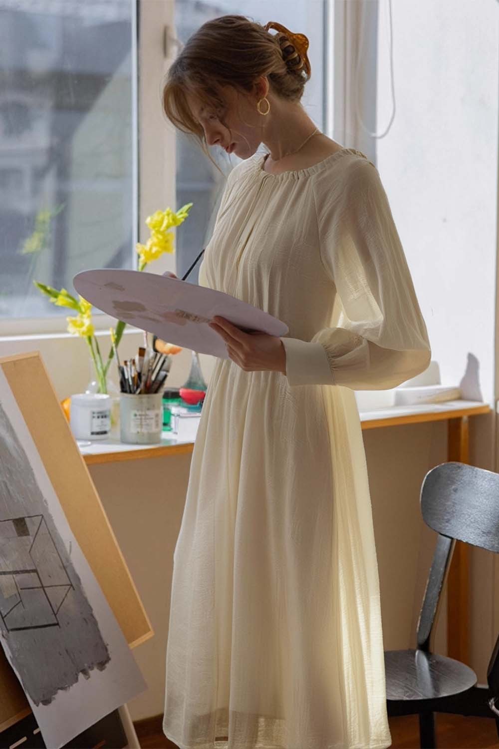 French Holiday Style Large Round Neck Dress