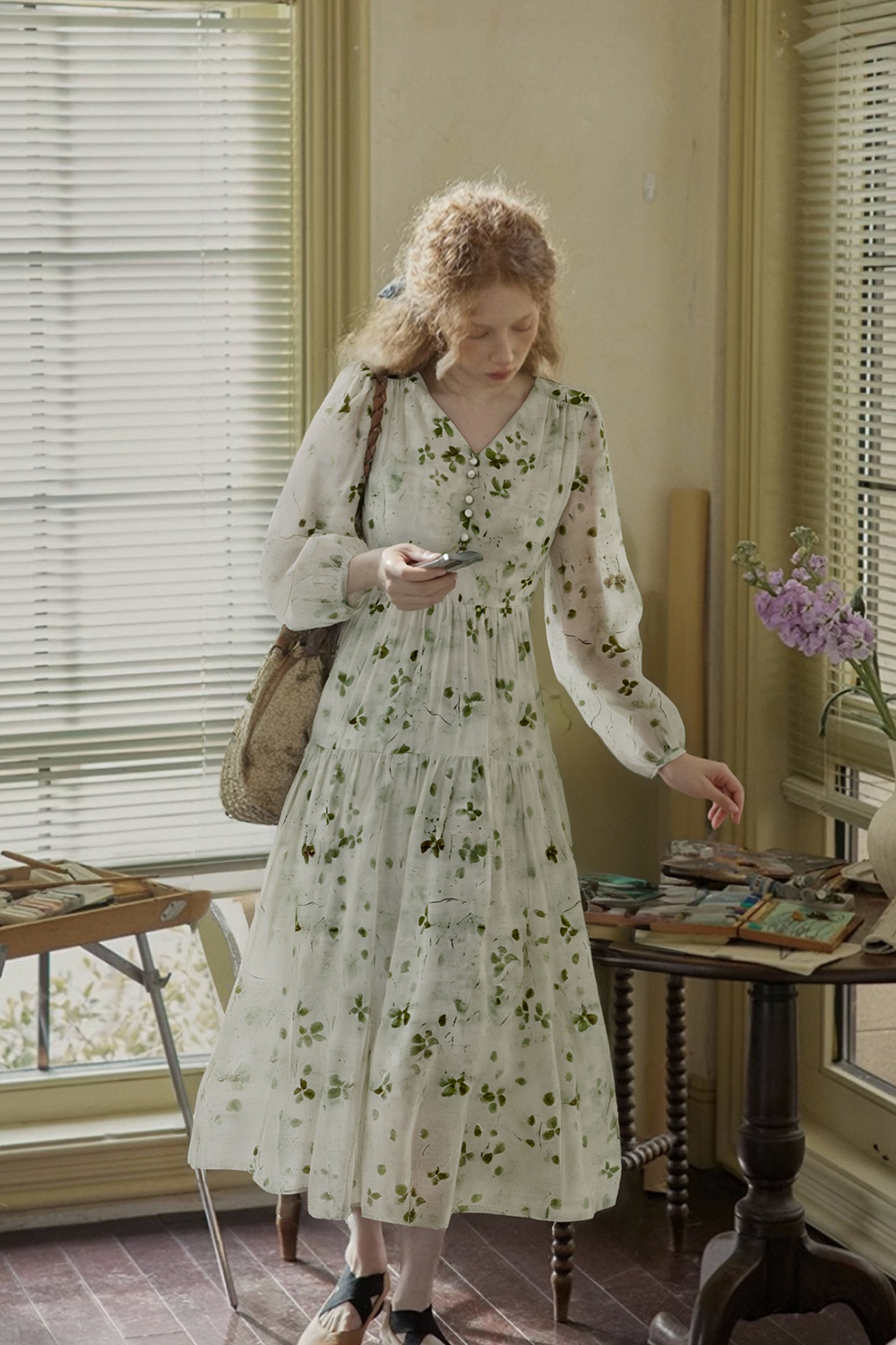 V-Neck Waist Floral Dress