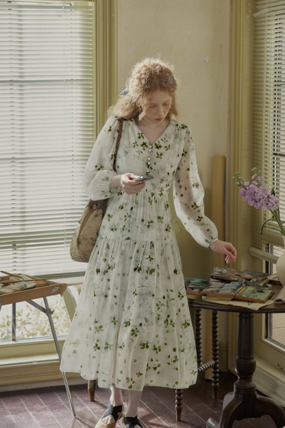 V-Neck Waist Floral Dress