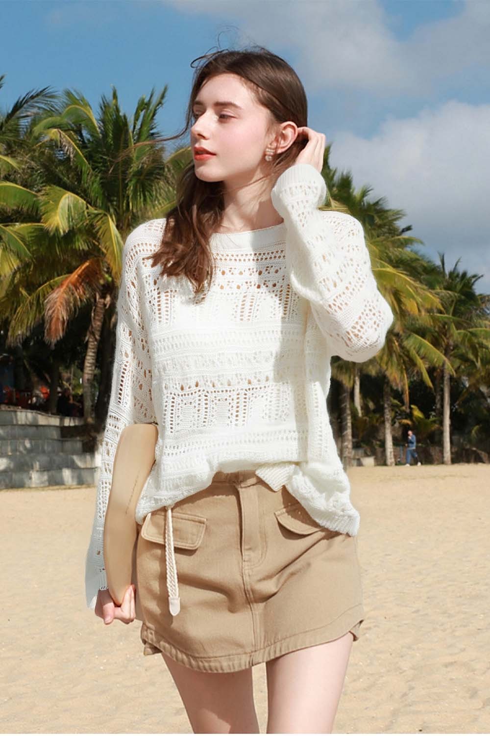 Solid Color Hollow Knit Sweater