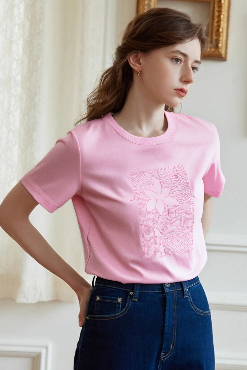 100% Cotton Flower Embroidered T-Shirt