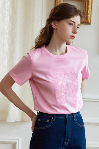 100% Cotton Flower Embroidered T-Shirt