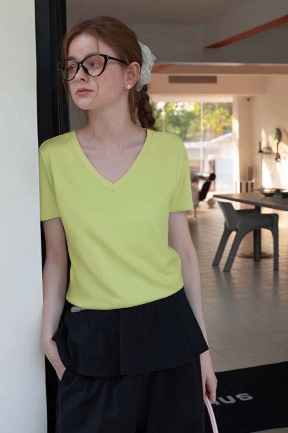 Pure Color V-Neck Casual T-Shirt
